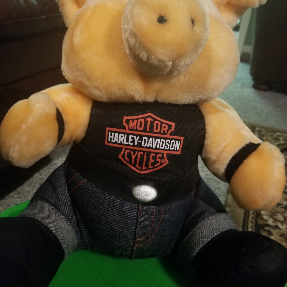 Plush stuffed Harley Davidson hog. Wearing jeans !